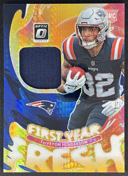 TreVeyon Henderson 2025 Donruss Optic First Year Fresh Blue Hyper Prizm Patriots front