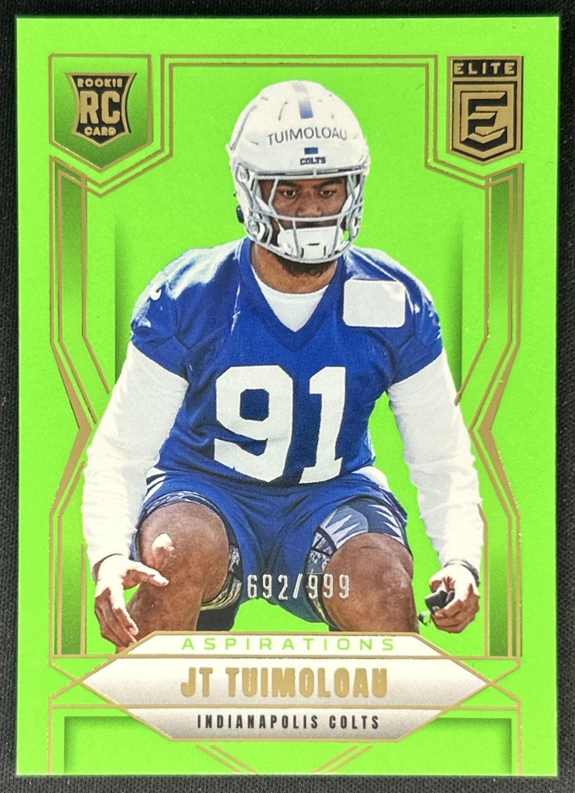 JT Tuimoloau 2025 Panini Donruss Elite Rookies Aspirations Lime Green /999 Colts