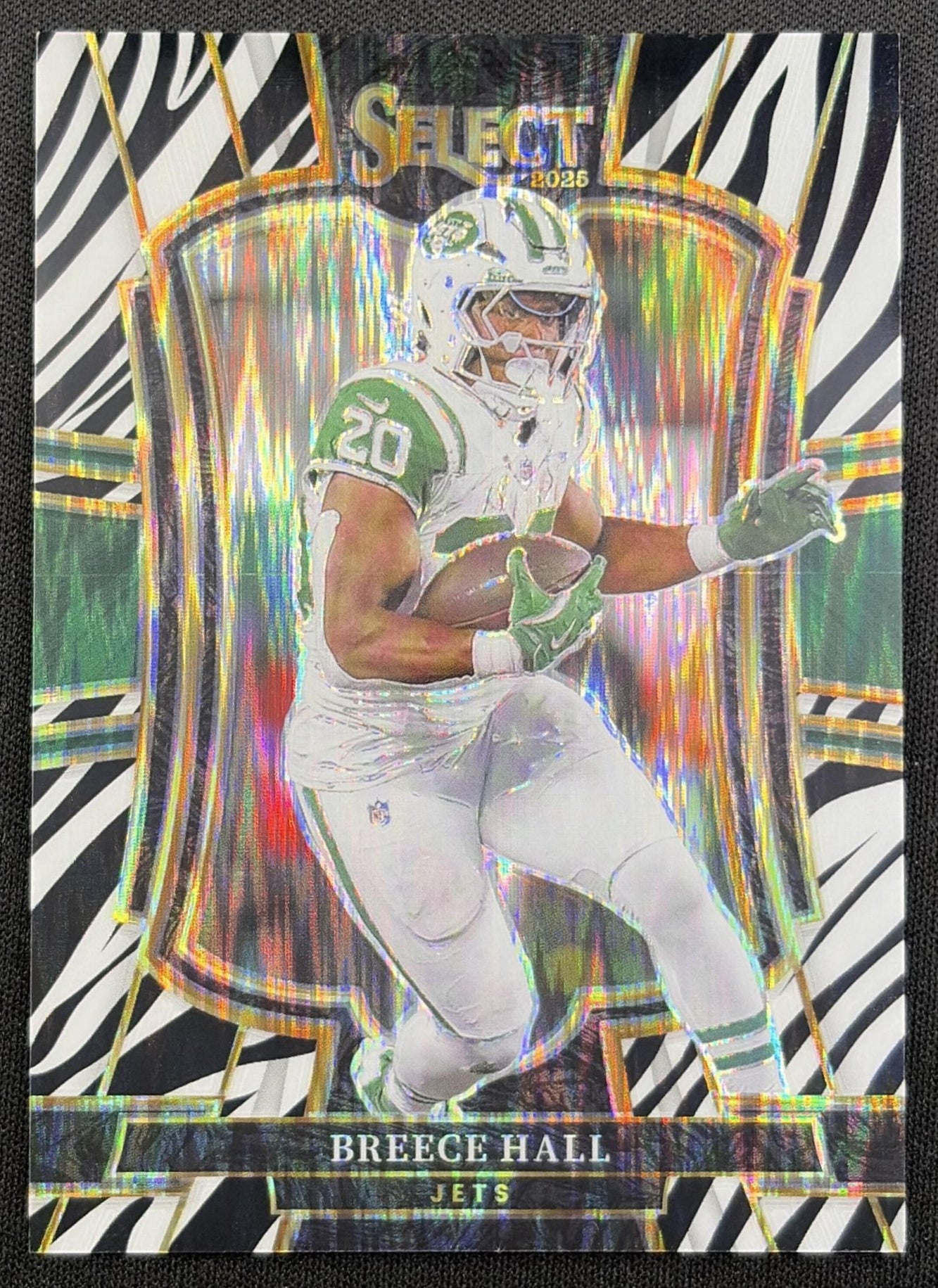 Breece Hall 2025 Panini Select Premier Level Zebra Prizm Shock Jets