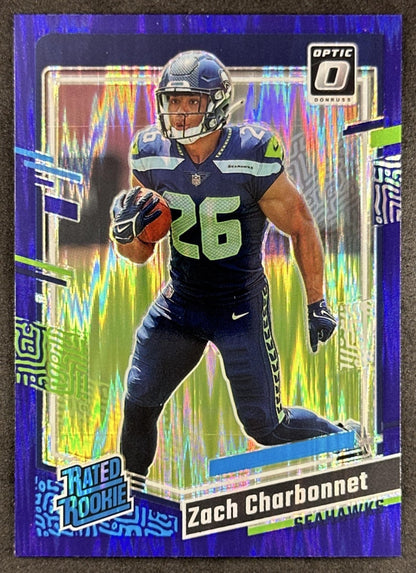 Zach Charbonnet 2023 Panini Donruss Optic Purple Shock Prizm Seahawks Sports Trading Card
