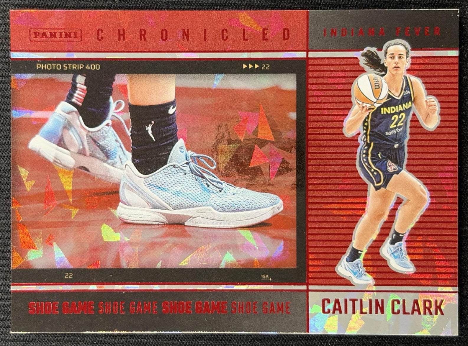 Caitlin Clark 2025 Panini Chronicled Shoe Game Red Cracked Ice Fever 80
