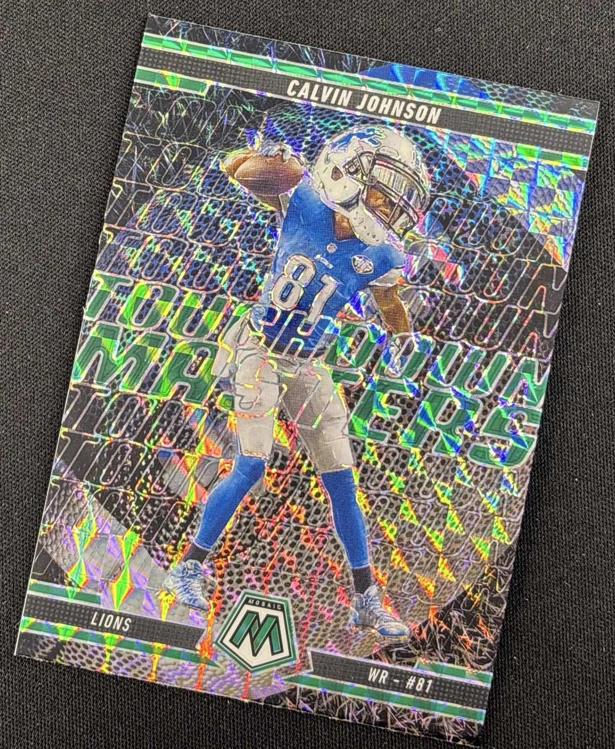 Calvin Johnson 2025 Panini Mosaic Touchdown Masters Green Prizm Lions