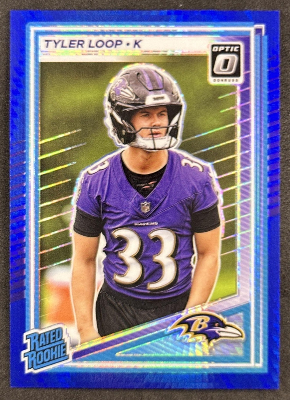 Tyler Loop 2025 Panini Donruss Optic Rated Rookie Blue Hyper Prizm Ravens front sports trading card