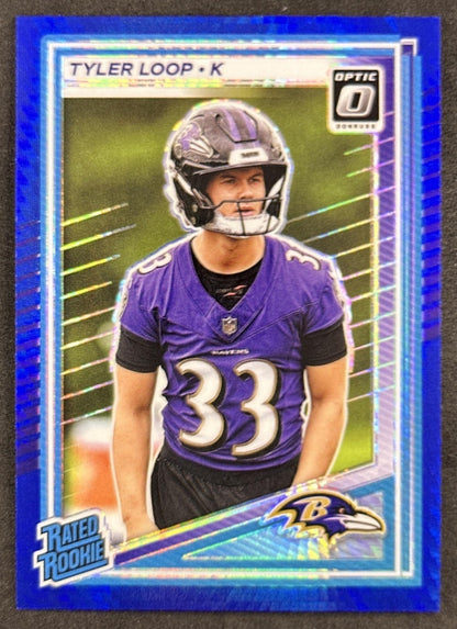 Tyler Loop 2025 Panini Donruss Optic Rated Rookie Blue Hyper Prizm Ravens front sports trading card