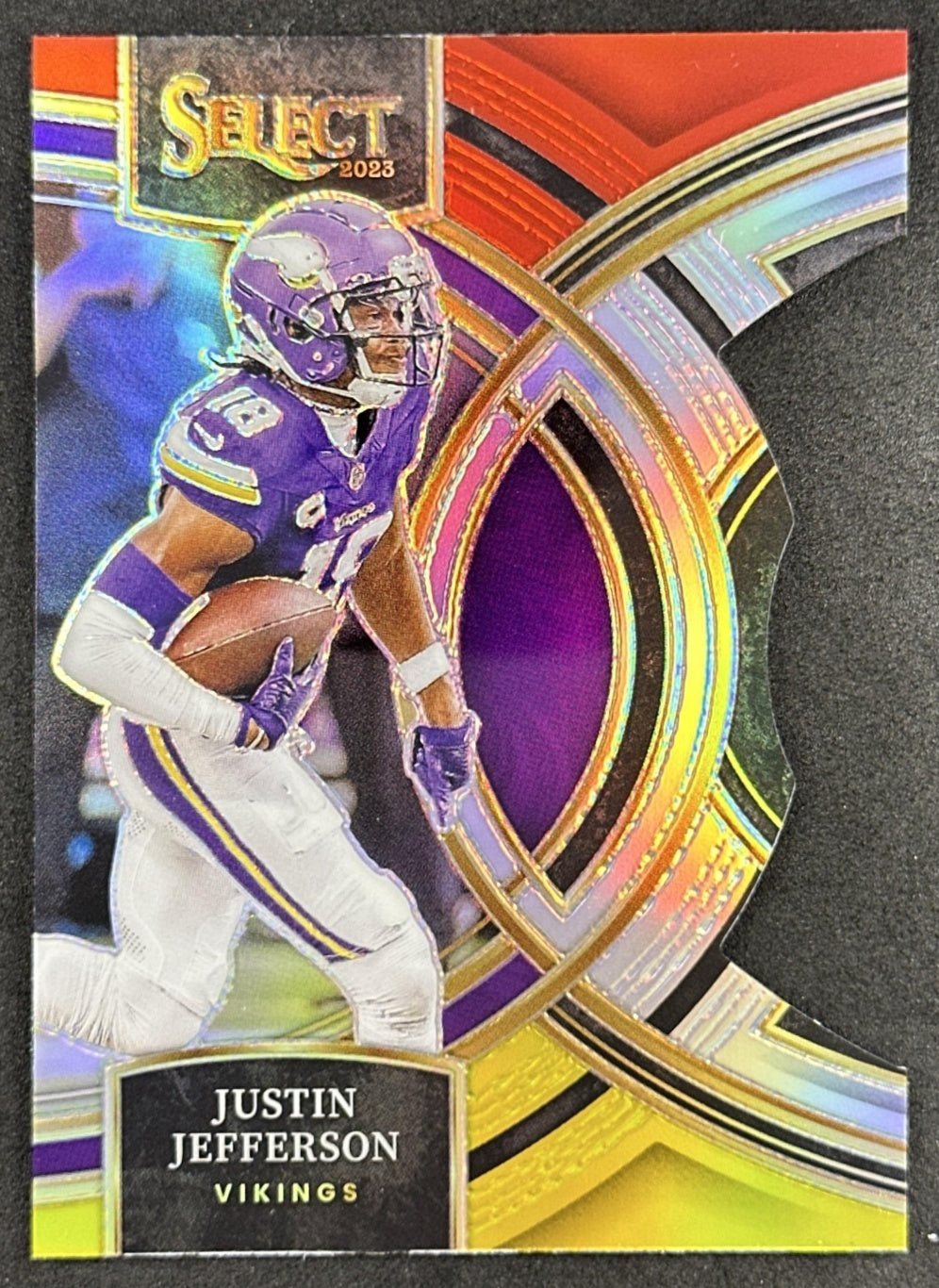 Justin Jefferson 2023 Panini Select Red and Yellow Prizms Die Cut Vikings Sports Trading Card