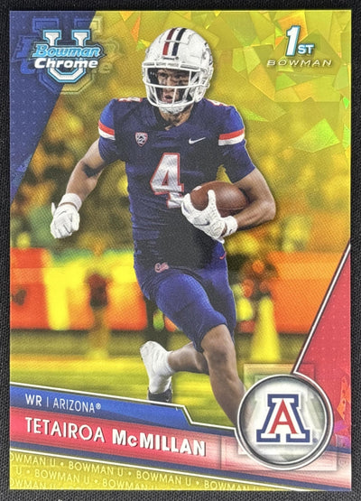 Tetairoa McMillan 2023 Bowman University Chrome Sapphire Yellow /75 Wildcats front
