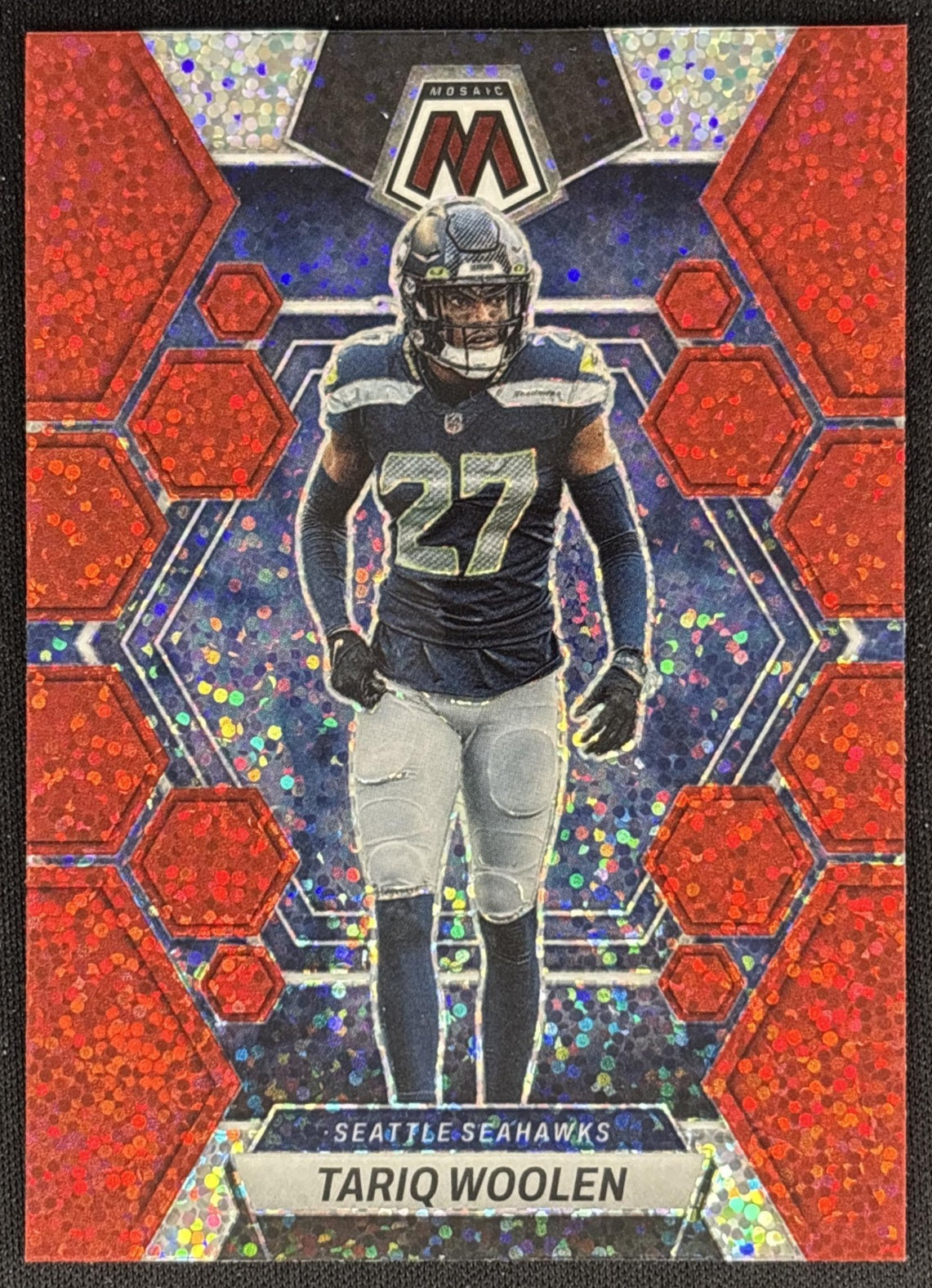 Tariq Woolen 2023 Panini Mosaic Red Sparkle Seahawks front