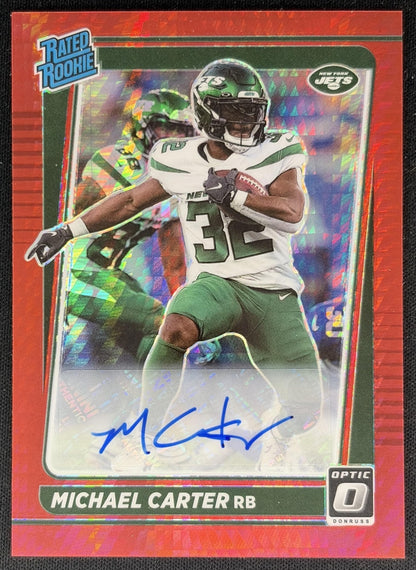 Michael Carter 2021 Panini Donruss Optic Rated Rookie RPS Auto Red Hyper Jets front