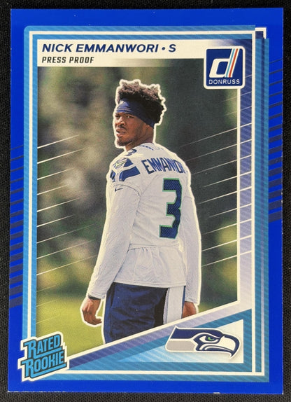 Nick Emmanwori 2025 Panini Donruss Rated Rookie Press Proof Blue Seahawks front