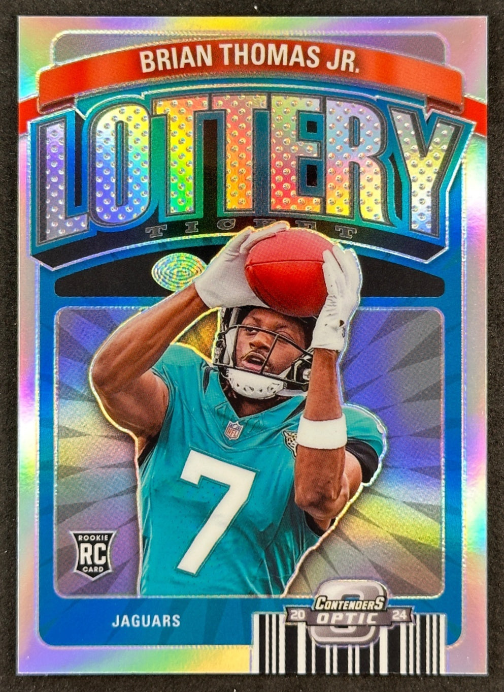 Front of Brian Thomas Jr. 2024 Contenders Optic Lottery Ticket Jaguars sports trading card