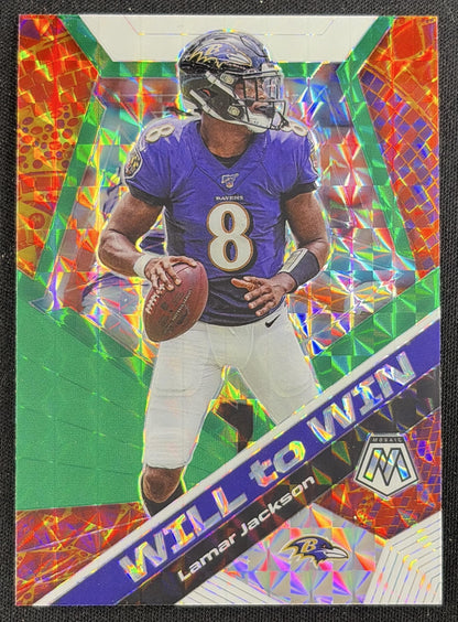 Lamar Jackson 2020 Panini Mosaic Will to Win Prizm Green Ravens Sports Trading Card