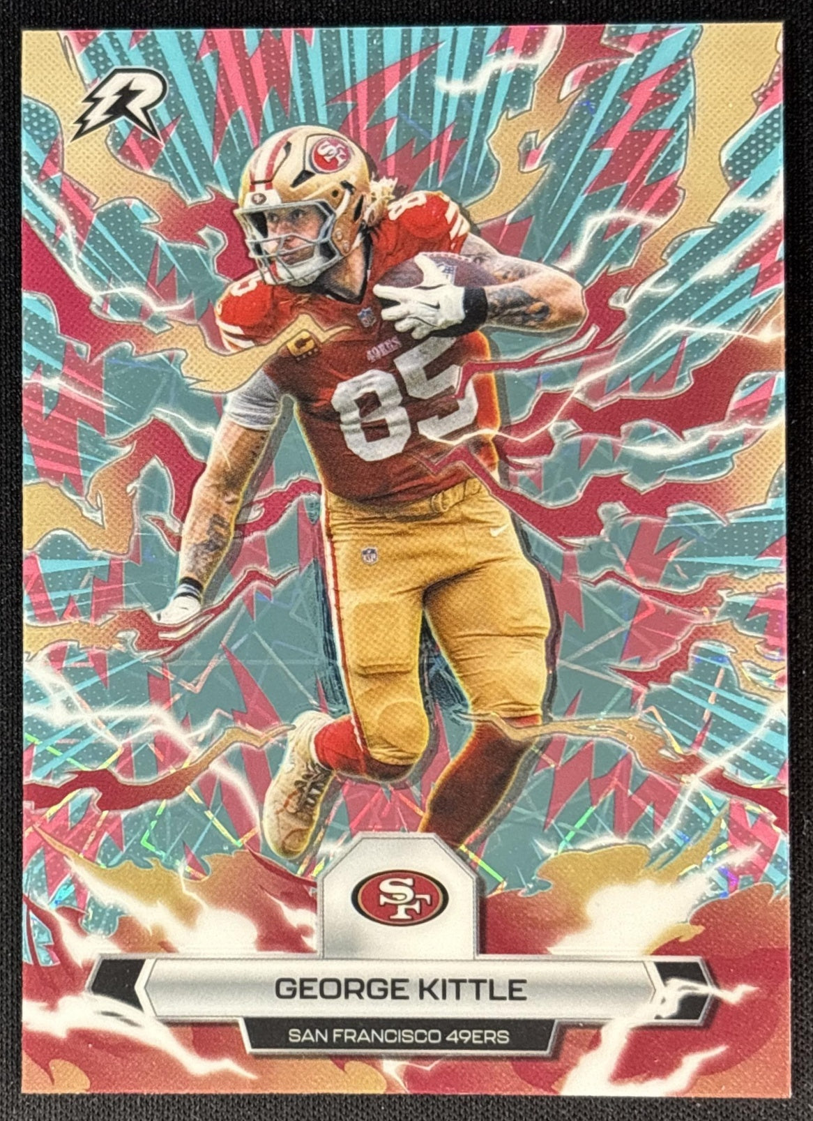George Kittle 2025 Topps Resurgence Sky Blue and Pink Shock Refractor 49ers San Francisco 49ers Sports Trading Cards