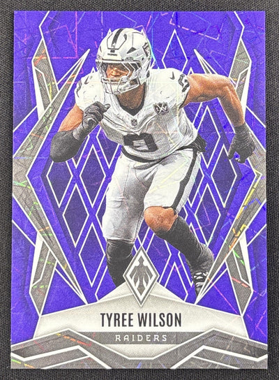 Tyree Wilson 2025 Panini Phoenix Purple Lazer Prizm /99 Raiders Sports Trading Card