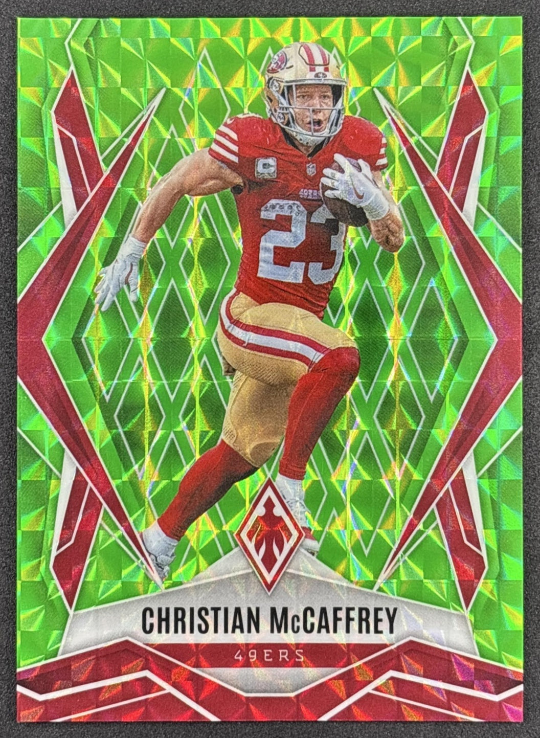 Christian McCaffrey 2025 Panini Phoenix Lime Green Pyramids Prizm /285 49ers San Francisco 49ers