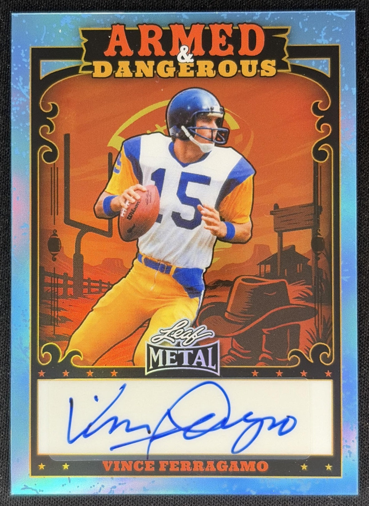 Vince Ferragamo 2026 Metal Armed and Dangerous Western Auto Prismatic Platinum Blue /8 Rams front