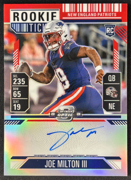Front of Joe Milton III 2024 Contenders Optic Rookie Ticket RPS Auto Red Prizm /99 sports trading card