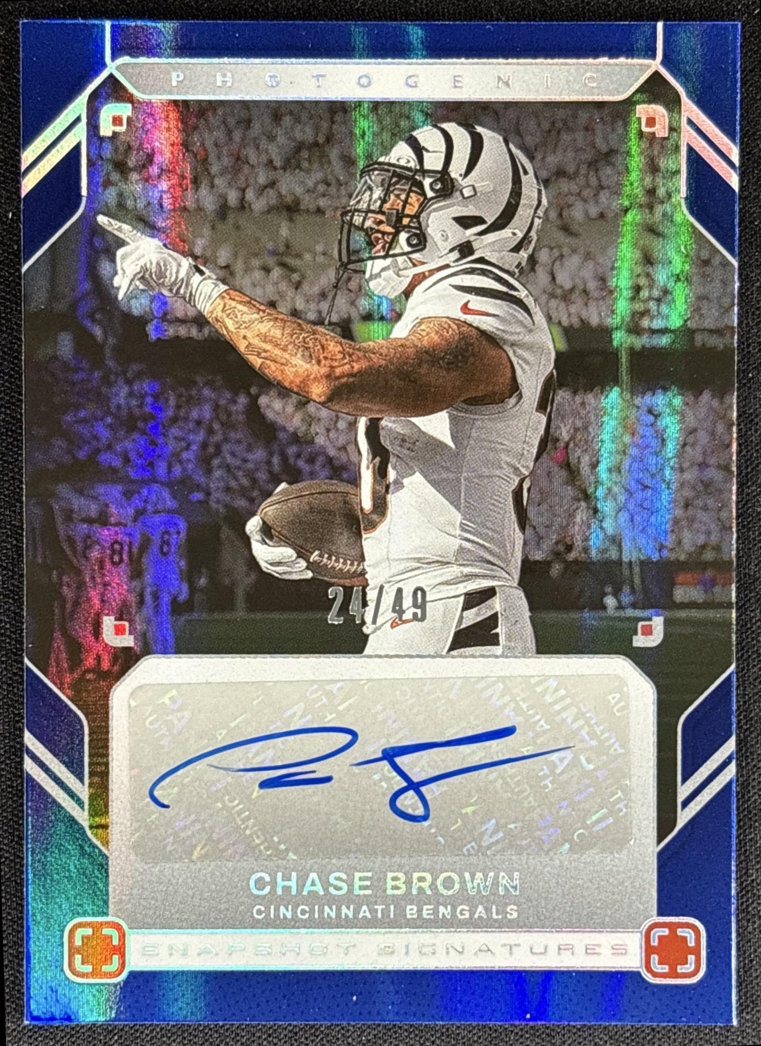 Chase Brown 2025 Panini PhotoGenic Snapshot Signatures Blue /49 Bengals