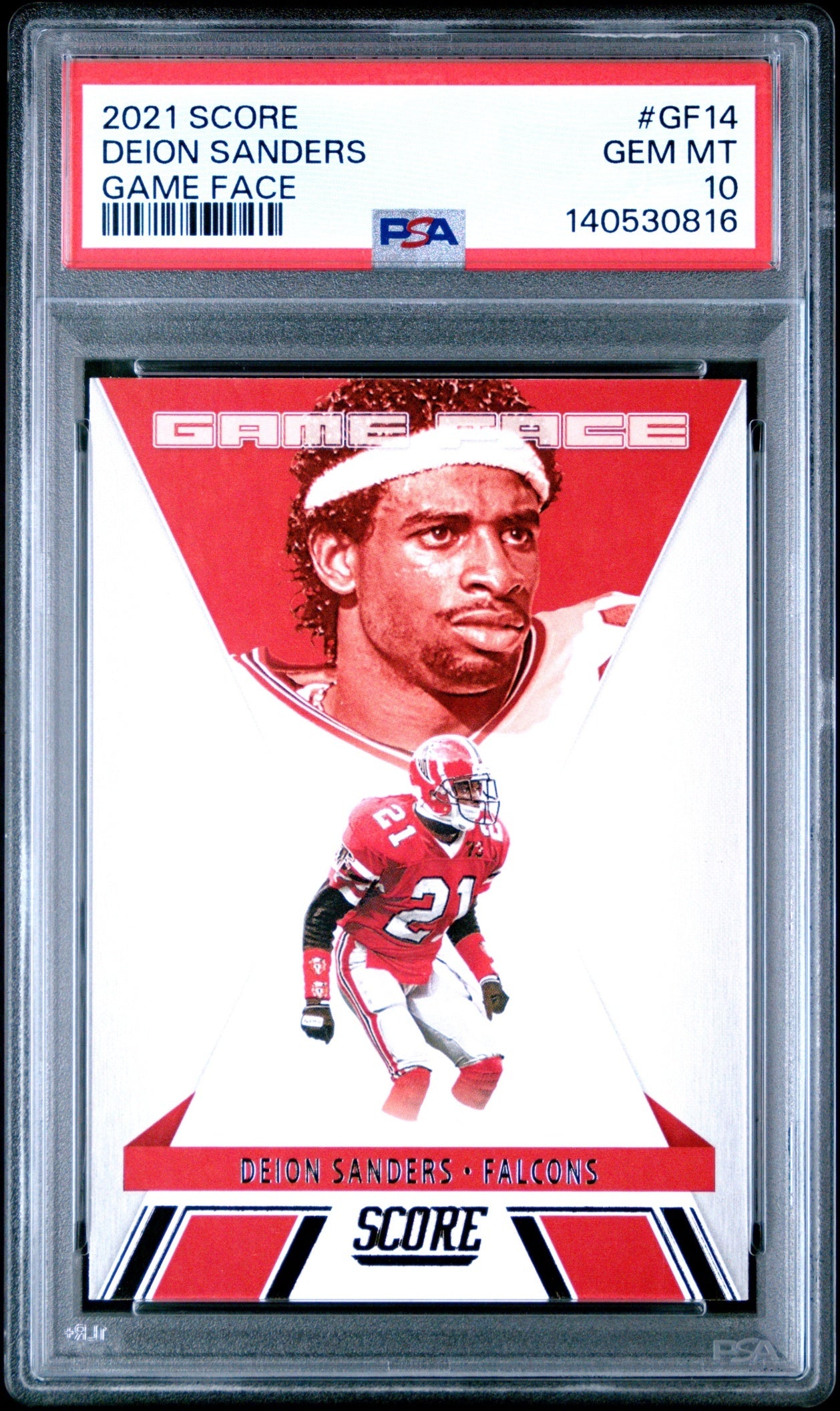 Deion Sanders 2021 Panini Score Game Face PSA 10 Falcons front