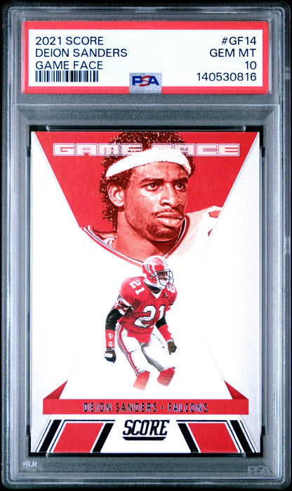 Deion Sanders 2021 Panini Score Game Face PSA 10 Falcons front