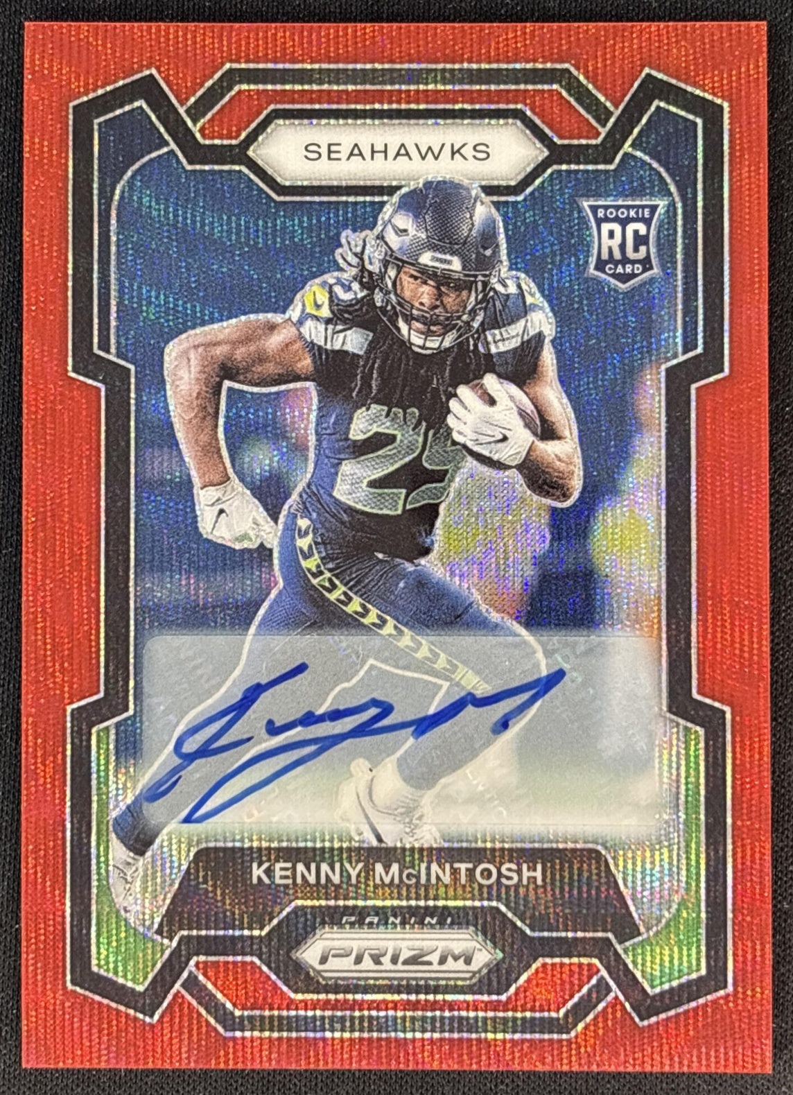 Kenny McIntosh 2023 Panini Prizm Rookie Auto Red Wave /149 Seahawks front