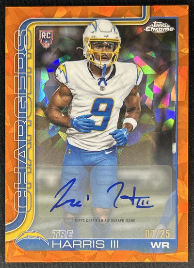 Tre Harris III 2025 Chrome Sapphire Rookie Auto Orange Refractor /25 Chargers front