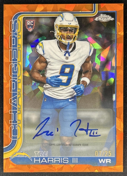 Tre Harris III 2025 Chrome Sapphire Rookie Auto Orange Refractor /25 Chargers front
