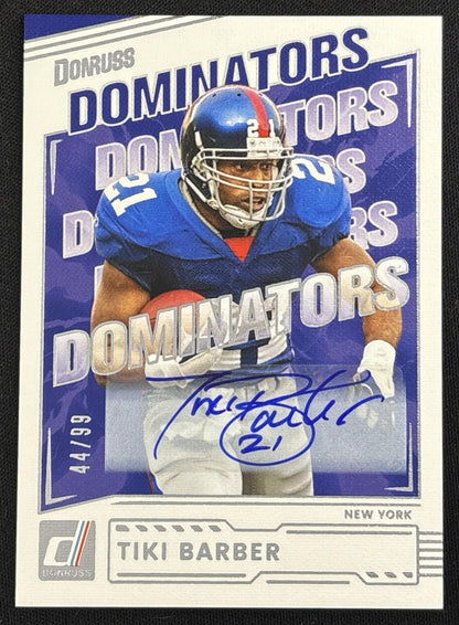 Tiki Barber 2026 Panini Donruss Dominators Auto /99 Giants sports trading card front