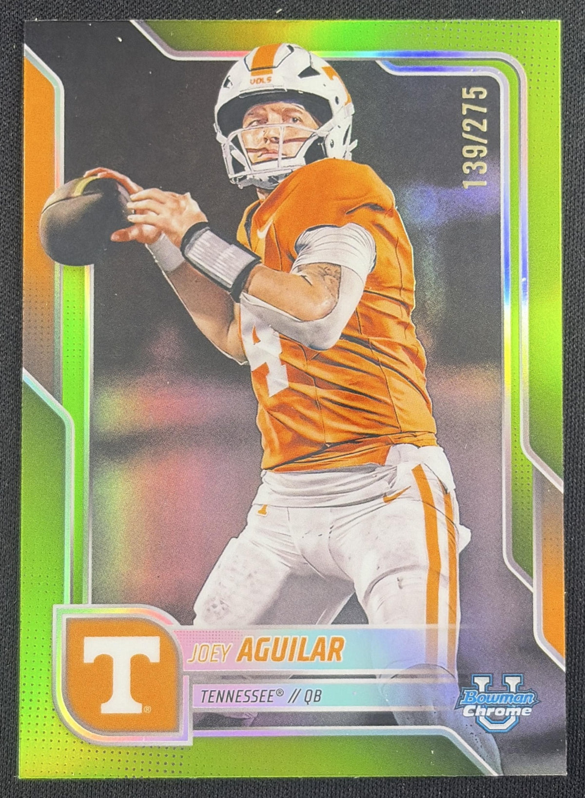 Joey Aguilar 2025 Bowman Chrome University Prospects Lime Green Refractor /275 Volunteers Sports Trading Card
