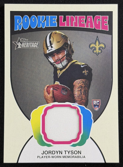 Jordyn Tyson 2026 Topps Heritage Rookie Lineage Relic Saints Sports Trading Card