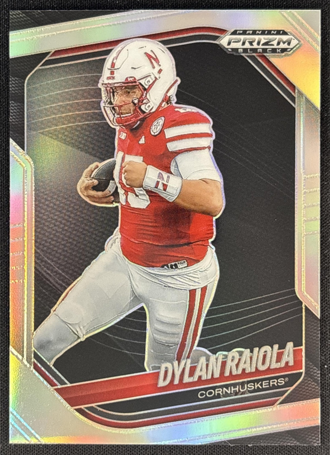 Dylan Raiola 2025 Panini Prizm Black Prospects Silver Cornhuskers front