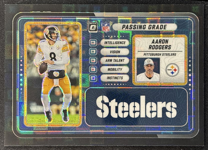 Aaron Rodgers 2025 Donruss Optic Passing Grade Black Pandora Prizm /149 Steelers front