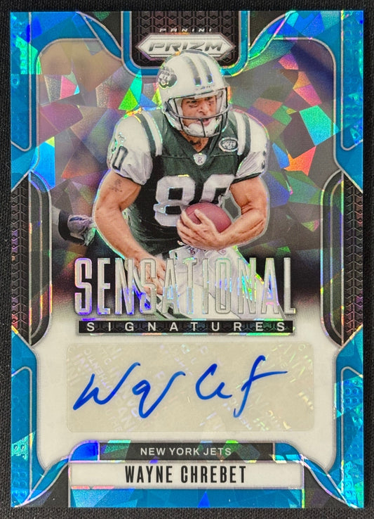 Front of Wayne Chrebet 2024 Prizm Sensational Signatures Blue Ice /99 Jets sports trading card