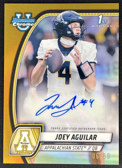 Joey Aguilar 2024 Bowman Chrome University Prospect Auto Gold Refractor /50 Sports Trading Cards