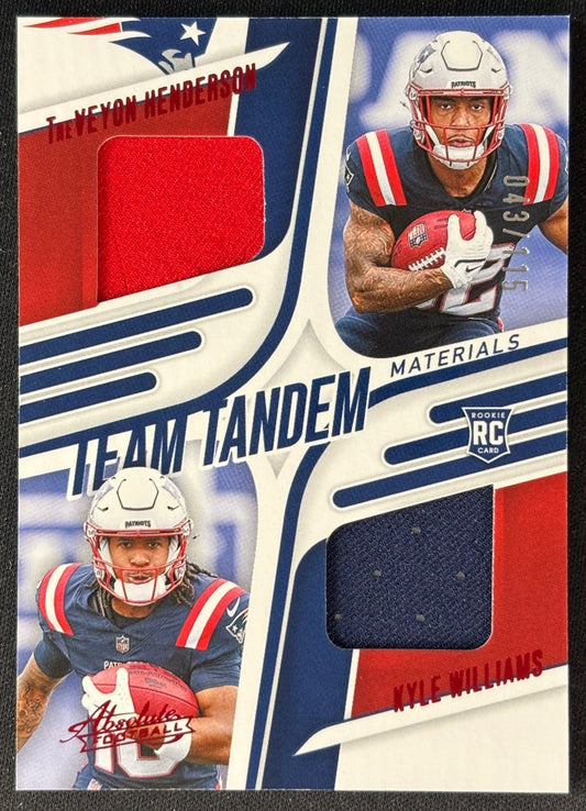Front of TreVeyon Henderson Kyle Williams 2025 Absolute Team Tandem Materials /115 Patriots sports trading card