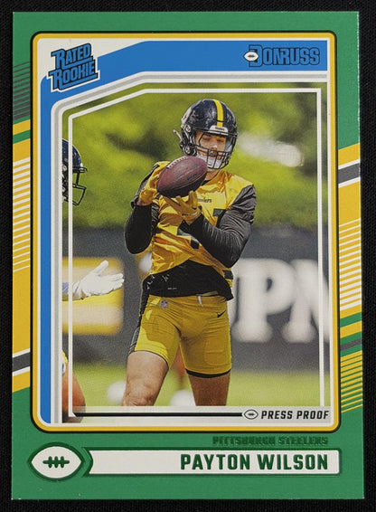 Front of Payton Wilson 2024 Panini Donruss Press Proof Green Steelers sports trading card