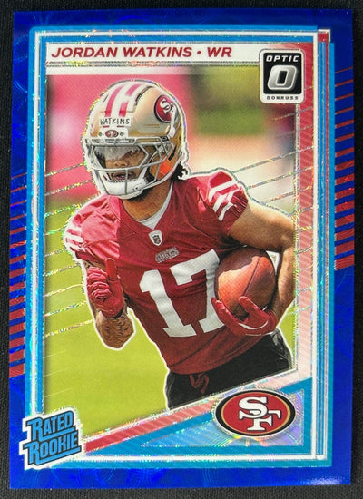 Jordan Watkins 2025 Donruss Optic Rated Rookie Blue Scope Prizm 49ers Sports Trading Card