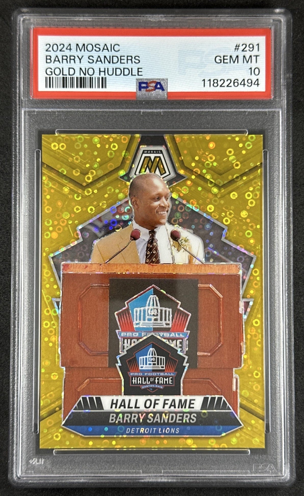 Barry Sanders 2024 Panini Mosaic No Huddle Gold Prizm /10 PSA 10