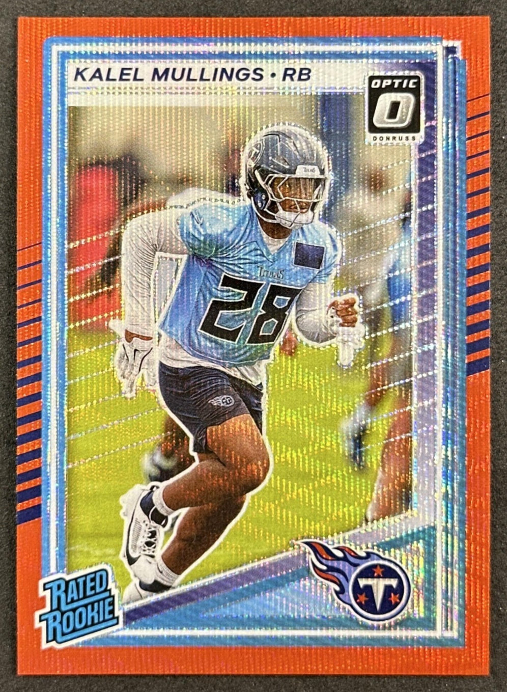 Kalel Mullings 2025 Donruss Optic Rated Rookie Preview Red Wave Titans front sports trading card