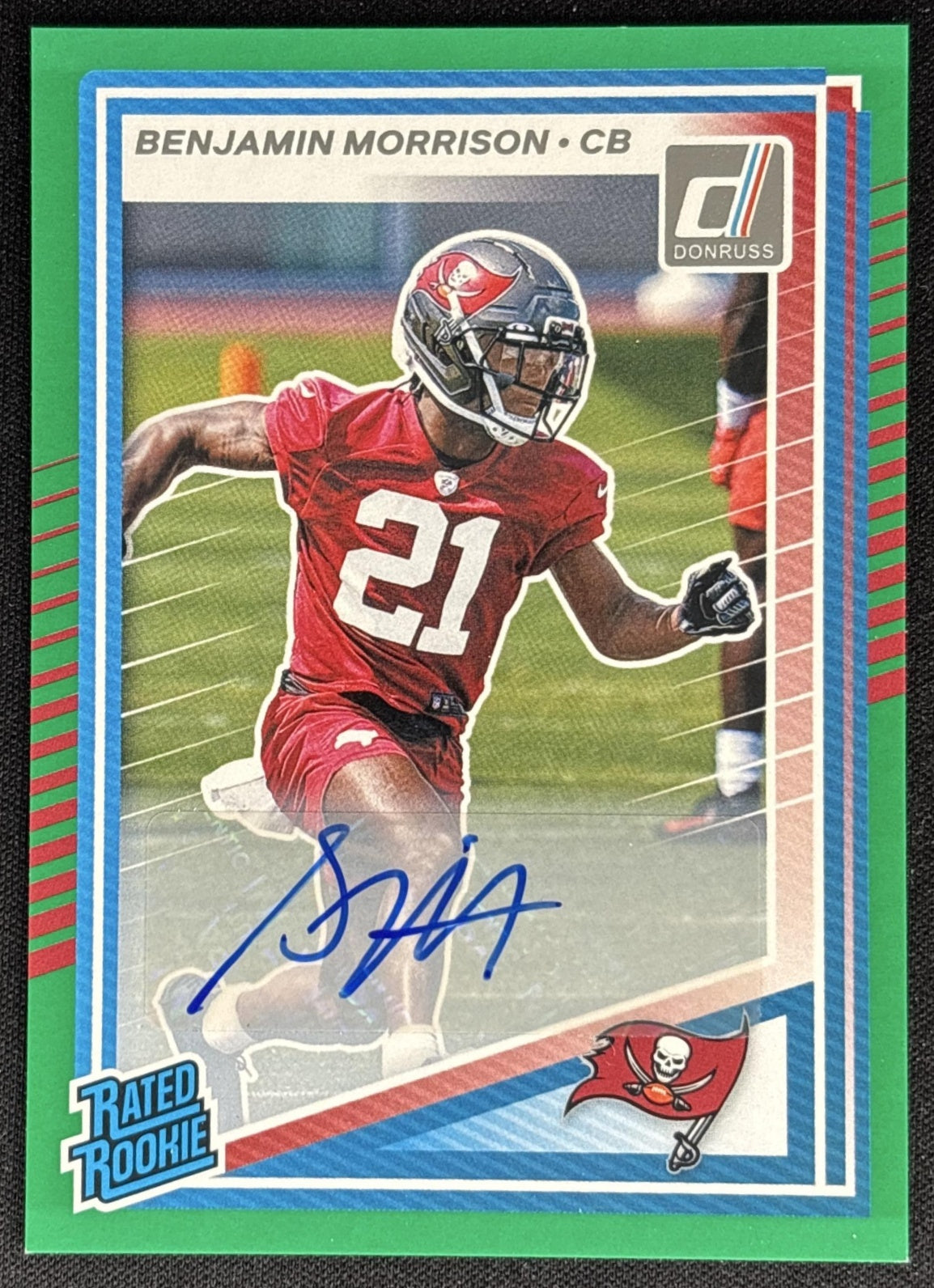 Benjamin Morrison 2025 Panini Donruss Rated Rookie Auto Green Buccaneers