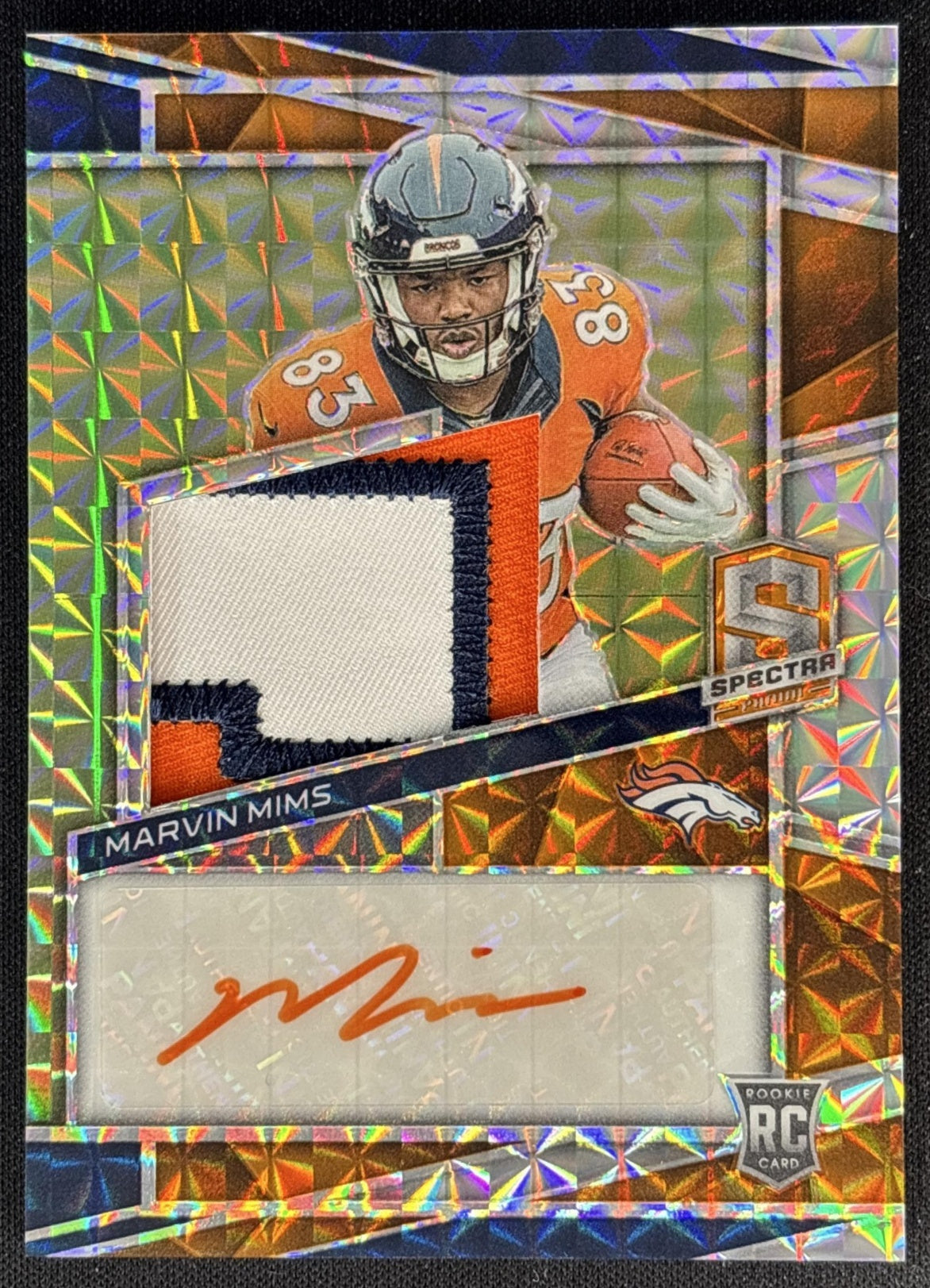 Marvin Mims 2023 Panini Spectra Rookie Patch Auto Neon Orange /15 Broncos Sports Trading Cards