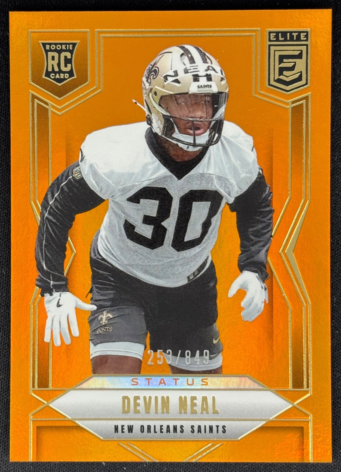 Devin Neal 2025 Donruss Elite Rookies Status Metallic Orange /849 Saints front sports trading card