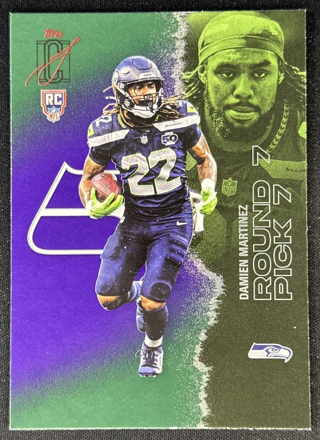 Damien Martinez 2025 Topps Signature Class Rookie Green & Purple Foil Seahawks front