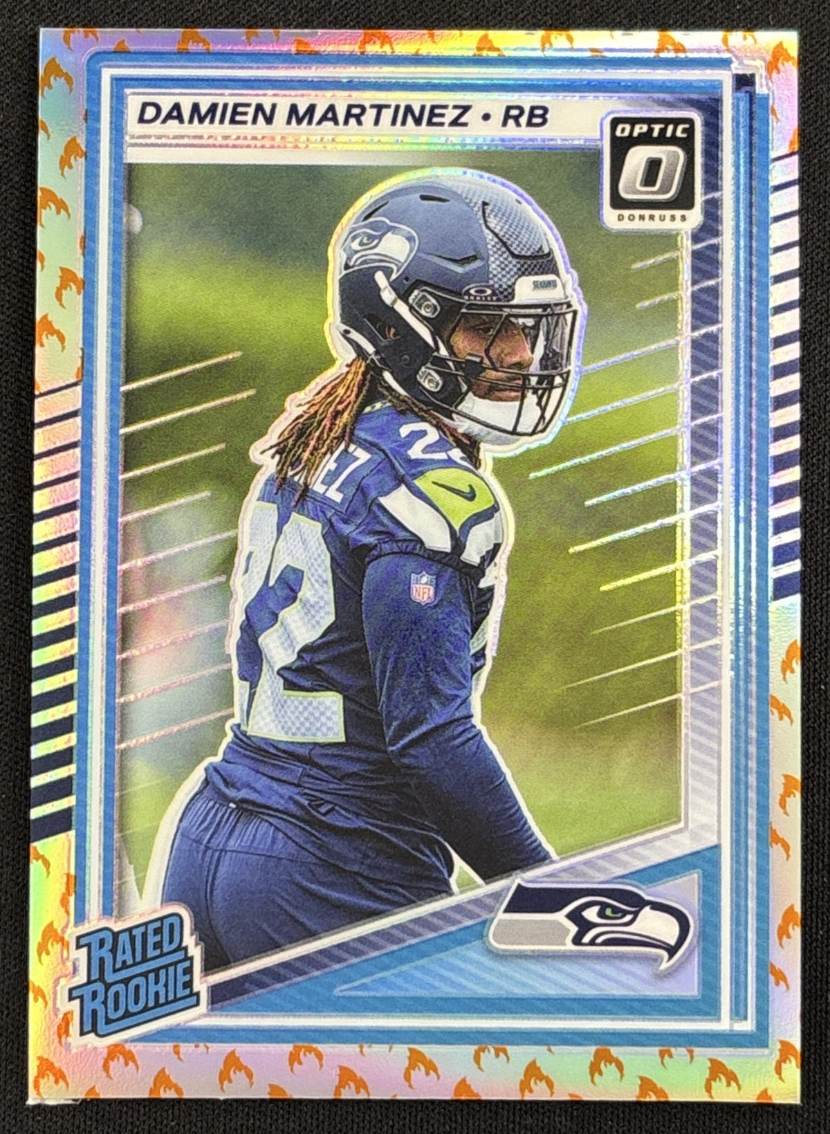Damien Martinez 2025 Panini Donruss Optic Rated Rookie Fire Prizm Seahawks - Front