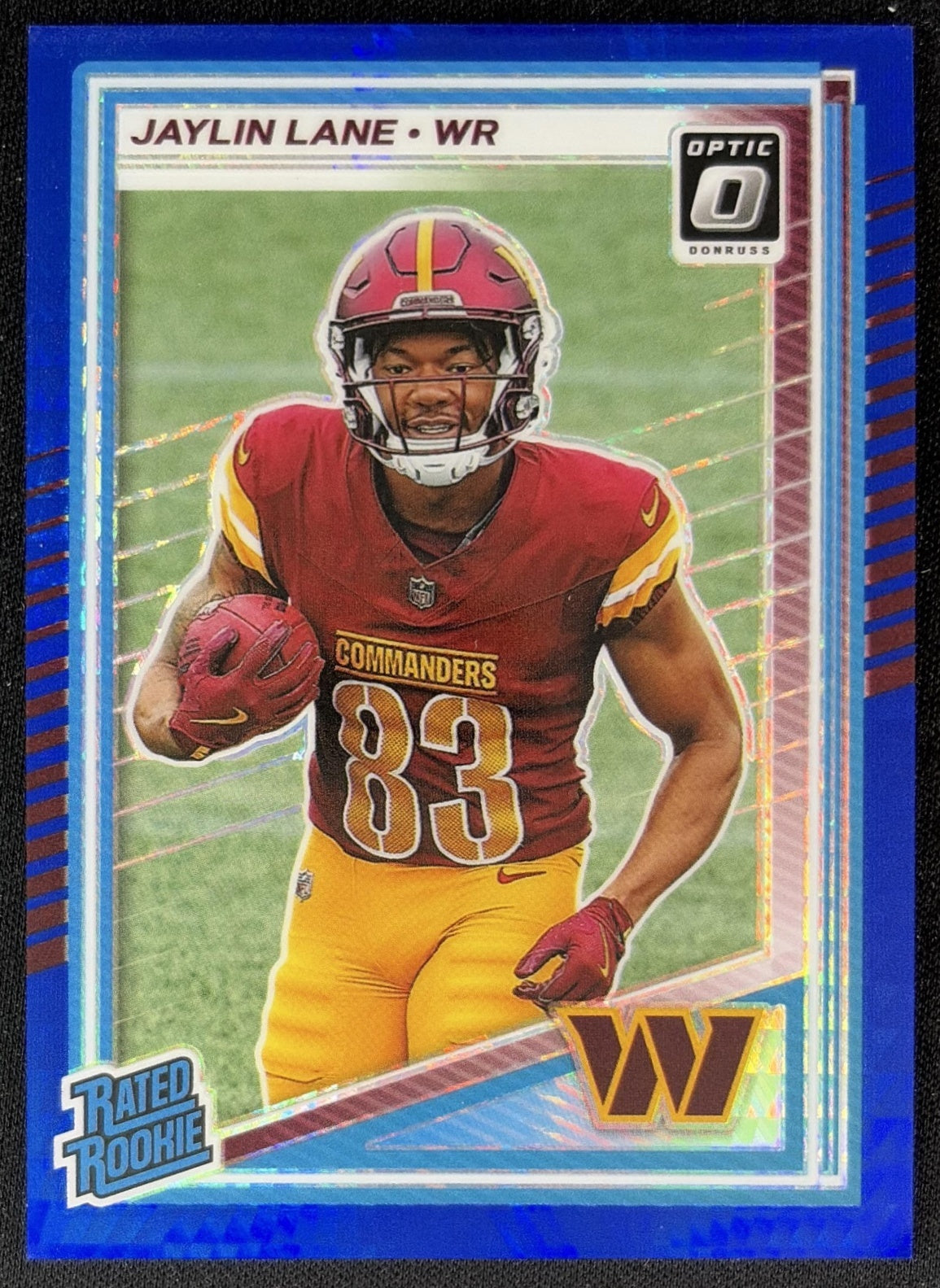 Jaylin Lane 2025 Panini Donruss Optic Rated Rookie Blue Hyper Prizm Commanders front