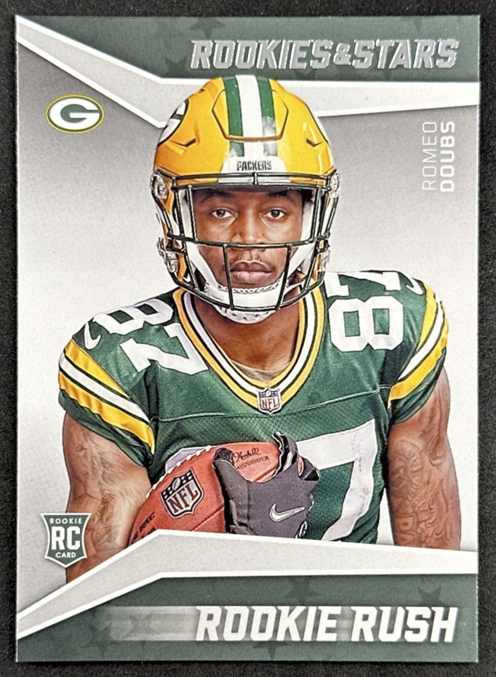 Romeo Doubs 2022 Panini Rookies & Stars Rush Packers Patriots front sports trading card