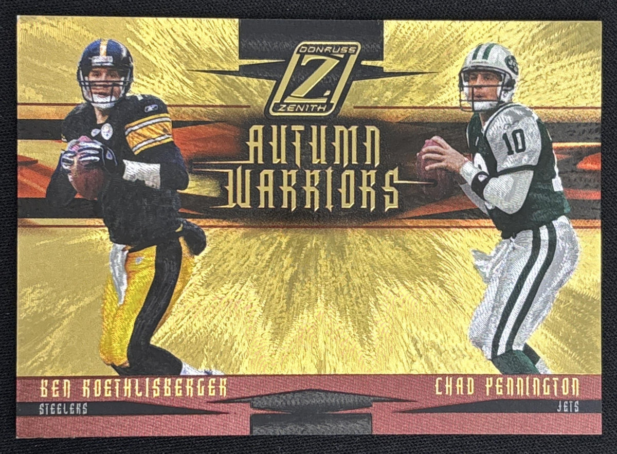 Ben Roethlisberger Chad Pennington 2005 Donruss Zenith Autumn Warriors Gold /100 Steelers Jets sports trading card front