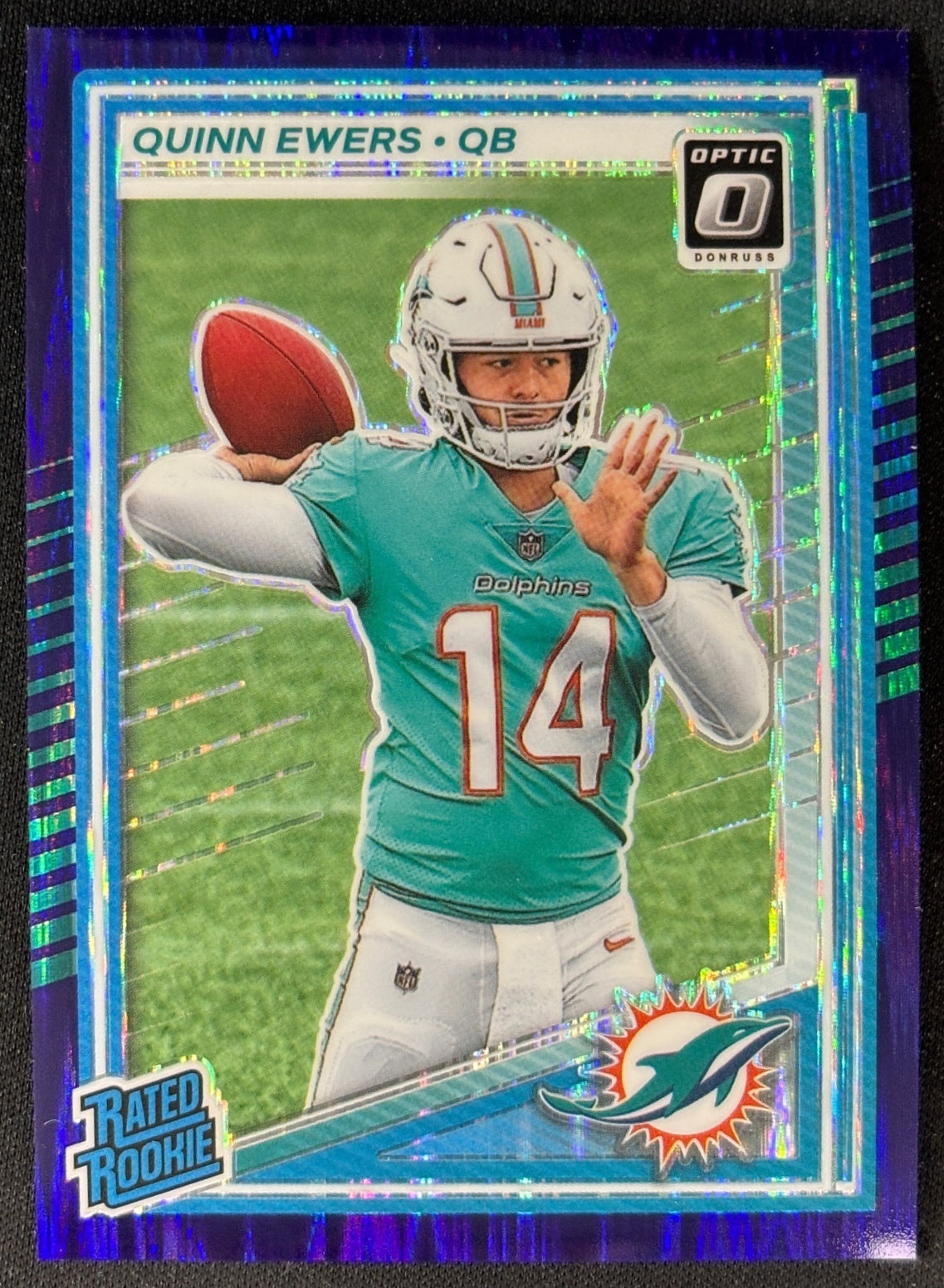 Quinn Ewers 2025 Donruss Optic Rated Rookie Purple Shock Prizm Dolphins Sports Trading Cards