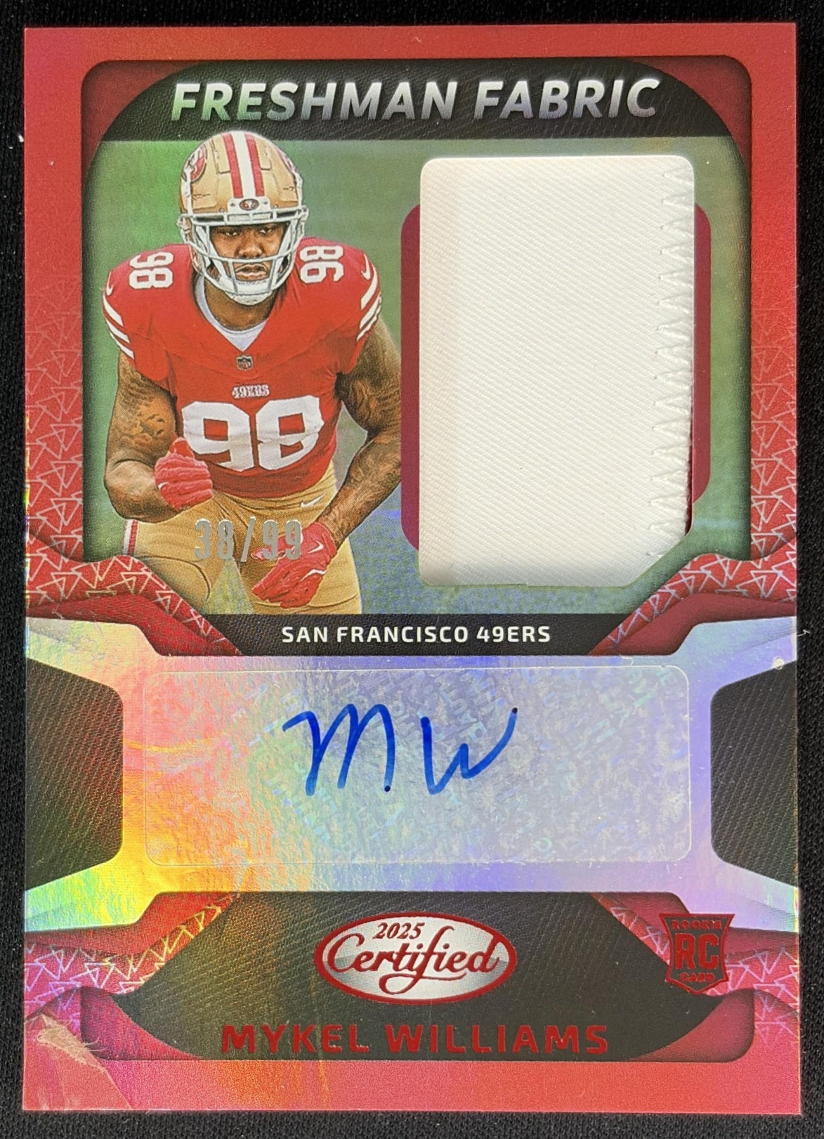 Mykel Williams 2025 Certified Freshman Fabric Mirror Signatures Red /99 49ers front