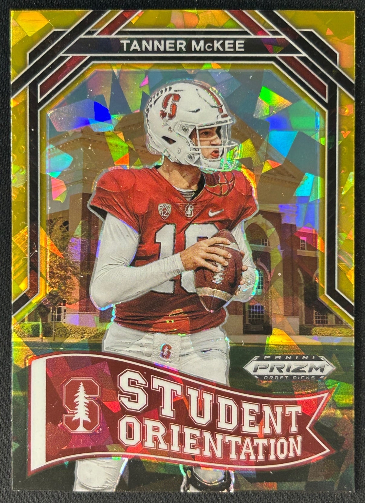 Tanner McKee 2023 Prizm Draft Picks Student Orientation Gold Ice sports trading card front
