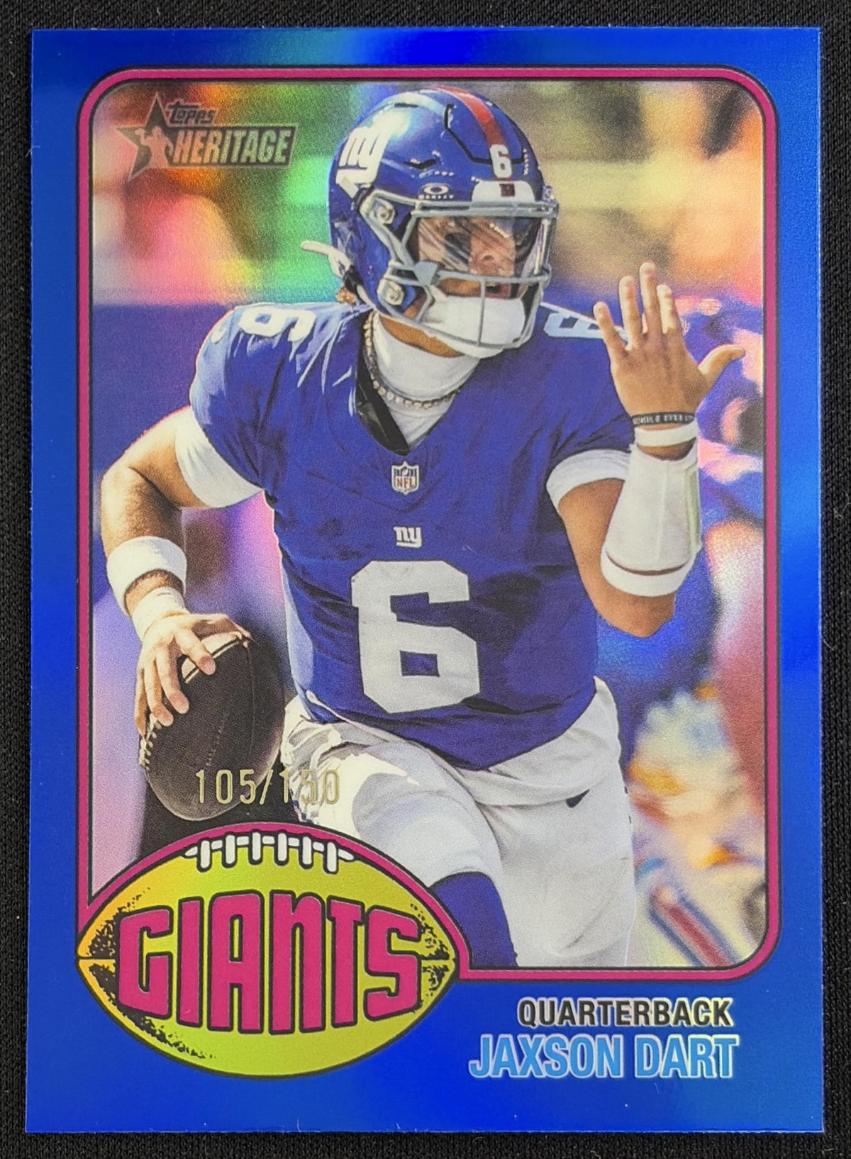 Jaxson Dart 2026 Topps Heritage Chrome Blue Refractor /150 Giants Sports Trading Card